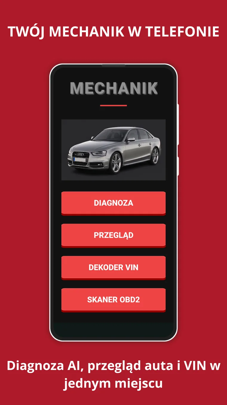 Menu aplikacji Mój Mechanik: diagnoza, przegląd, dekoder VIN, skaner OBD2