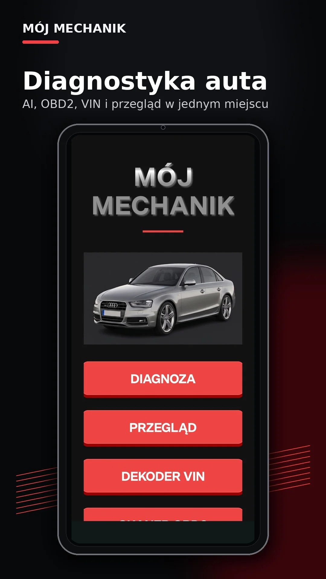Mój Mechanik AI – ekran główny aplikacji z diagnozą OBD2, VIN i raportem PDF