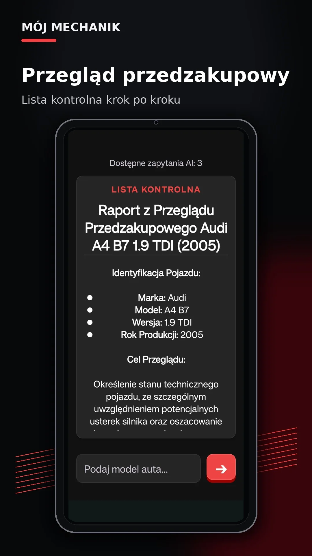 Przegląd przedzakupowy pojazdu w aplikacji