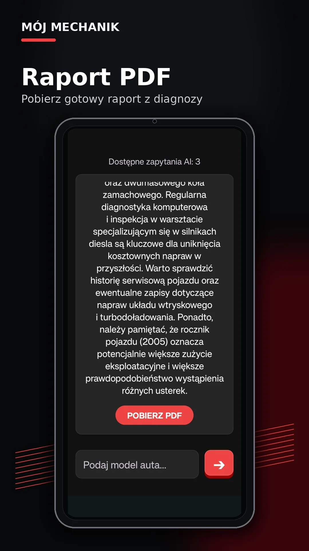 Raport AI PDF z diagnozy samochodu